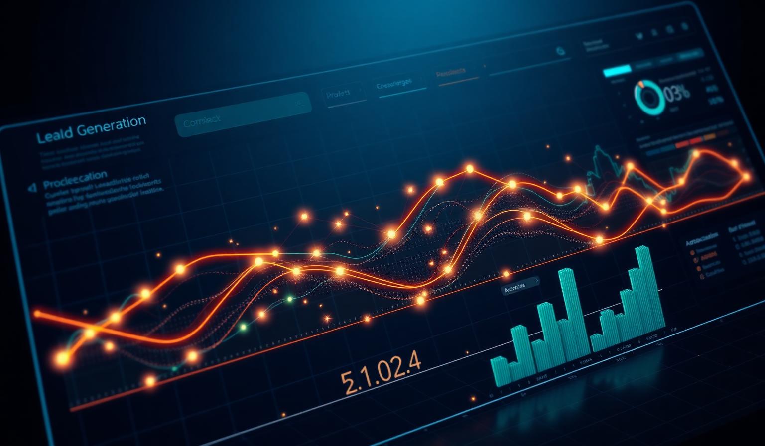 Futuristic B2B lead generation dashboard visualizing pipeline growth across channels